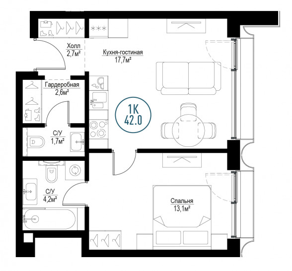 Однокомнатная квартира 42 м²