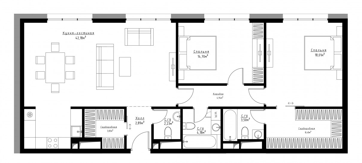 Двухкомнатная квартира 102 м²