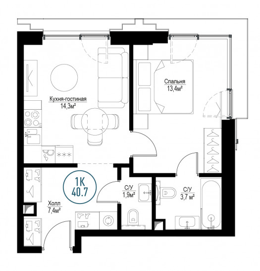 Однокомнатная квартира 40 м²