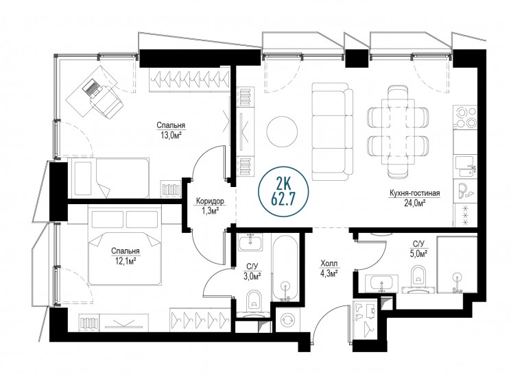 Двухкомнатная квартира 62 м²