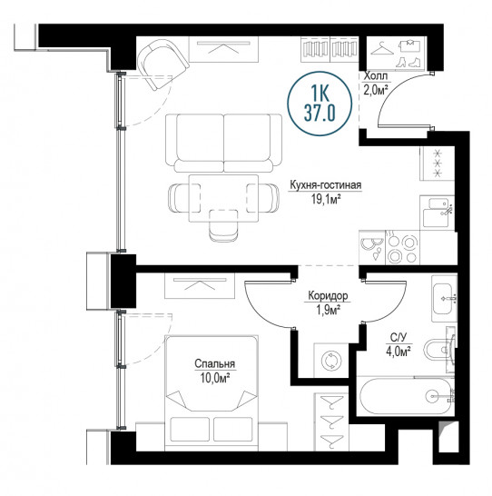Однокомнатная квартира 37 м²