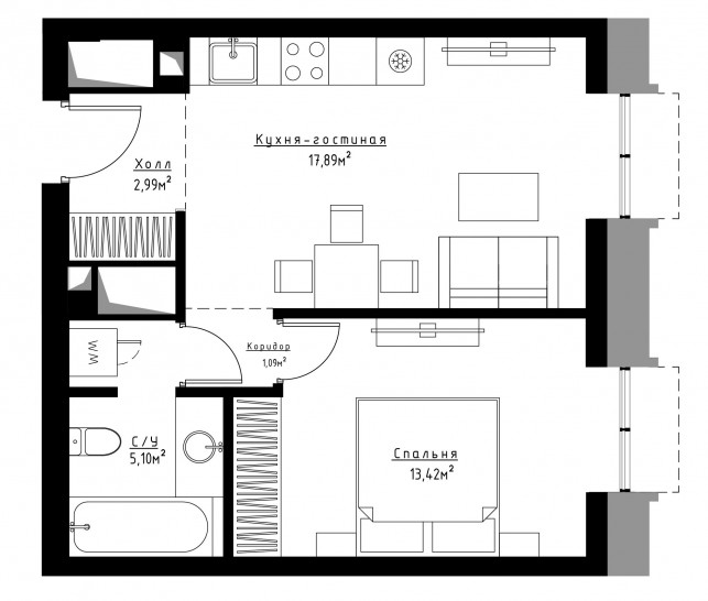 Однокомнатная квартира 40 м²