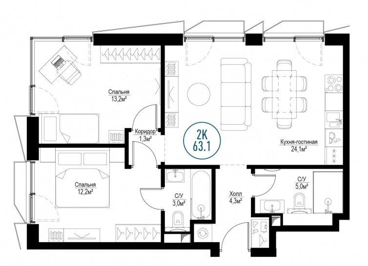 Двухкомнатная квартира 63 м²