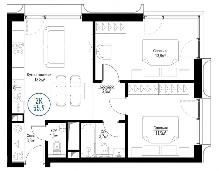 Двухкомнатная квартира 55 м²
