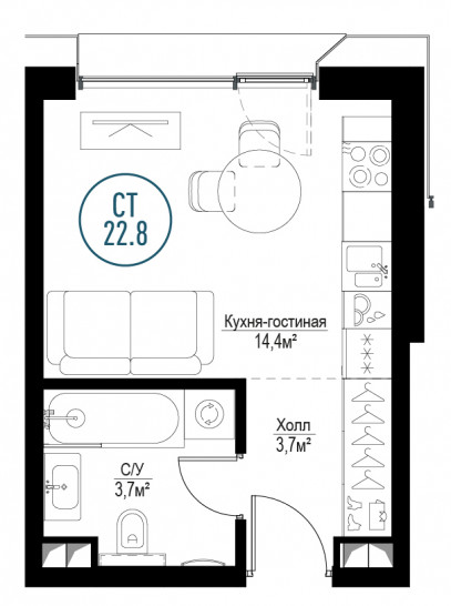 Однокомнатная квартира 22 м²