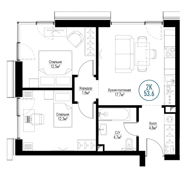 Двухкомнатная квартира 53 м²