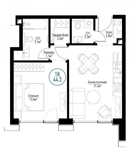 Однокомнатная квартира 44 м²