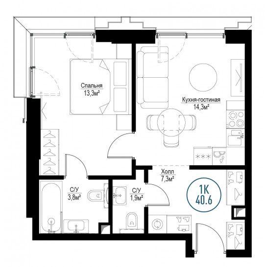 Однокомнатная квартира 40 м²