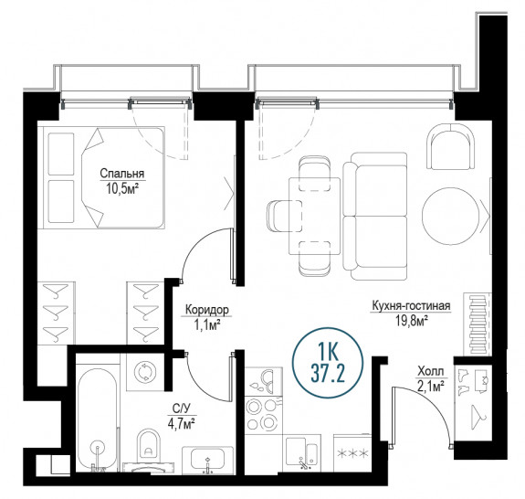 Однокомнатная квартира 37 м²