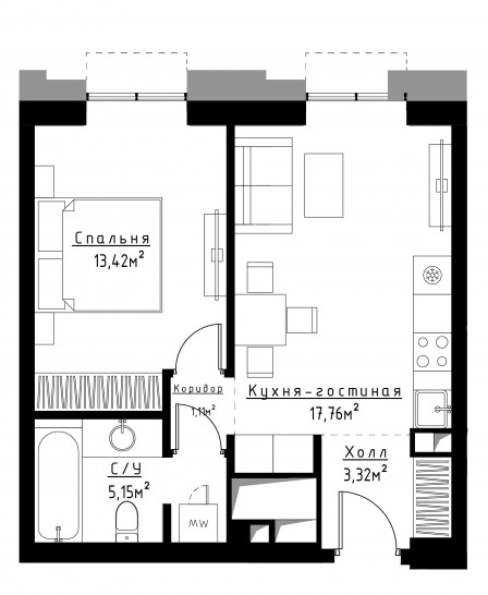 Однокомнатная квартира 40 м²