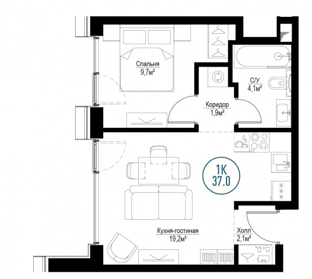 Однокомнатная квартира 37 м²