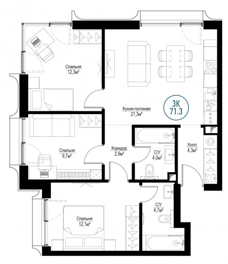 Трёхкомнатная квартира 71 м²