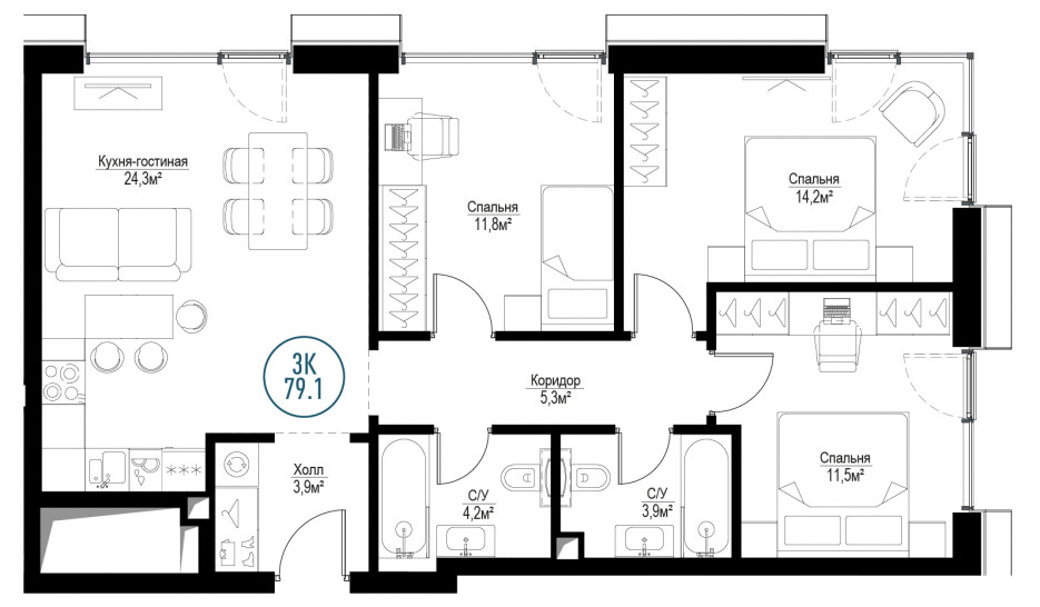 Трёхкомнатная квартира 79 м²
