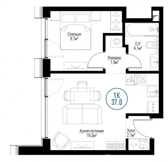 Однокомнатная квартира 37 м²