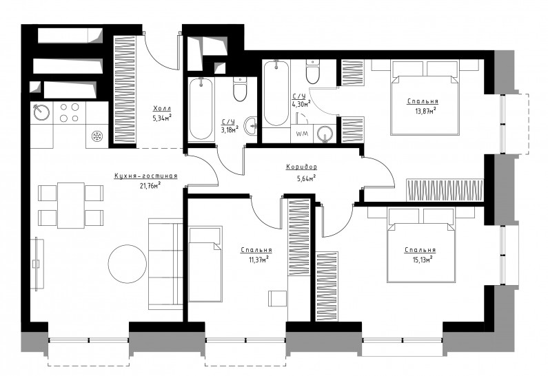 Трёхкомнатная квартира 80 м²