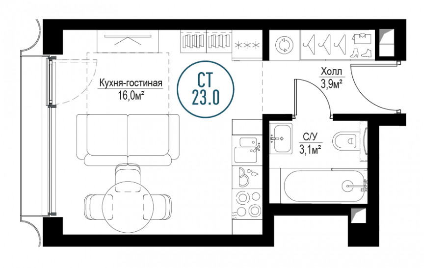 Однокомнатная квартира 23 м²