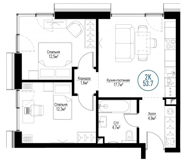 Двухкомнатная квартира 53 м²
