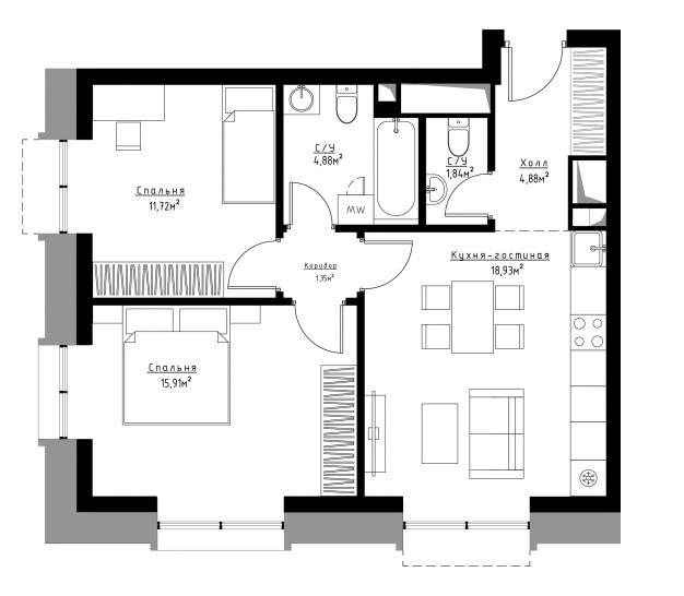 Двухкомнатная квартира 59 м²