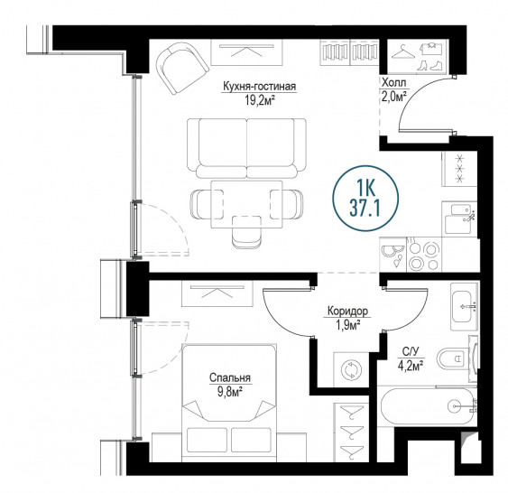Однокомнатная квартира 37 м²