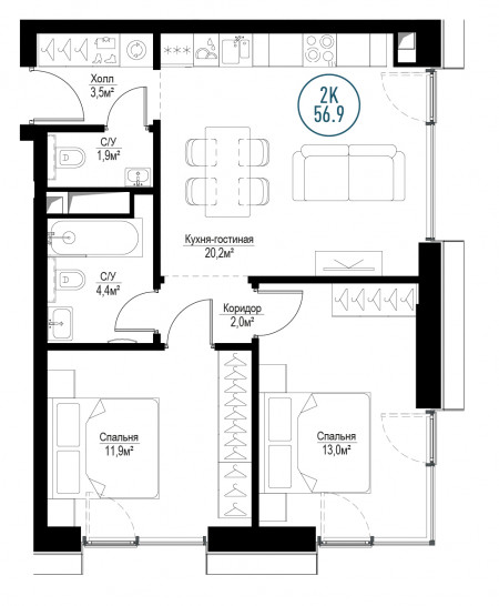 Двухкомнатная квартира 56 м²
