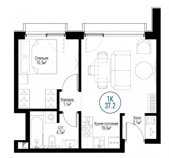 Однокомнатная квартира 37 м²