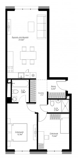 Двухкомнатная квартира 66 м²