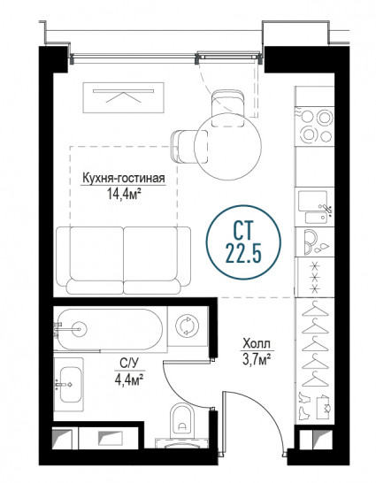 Однокомнатная квартира 22 м²