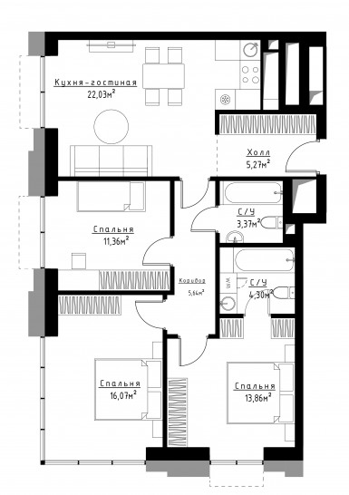 Трёхкомнатная квартира 81 м²