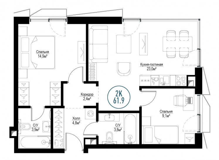 Двухкомнатная квартира 61 м²