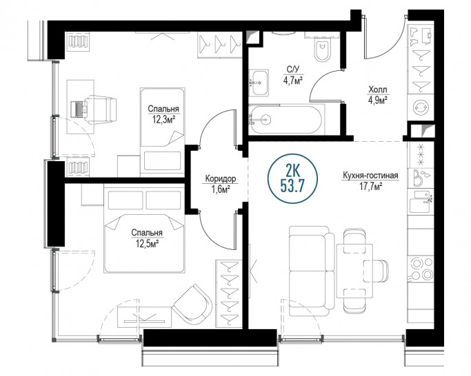 Двухкомнатная квартира 53 м²