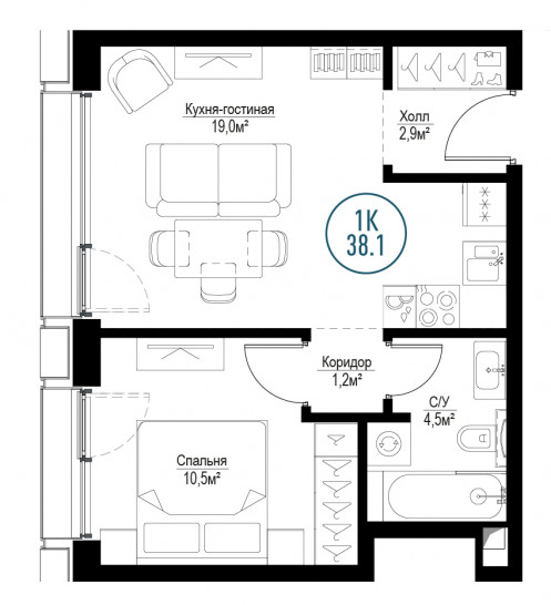 Однокомнатная квартира 38 м²