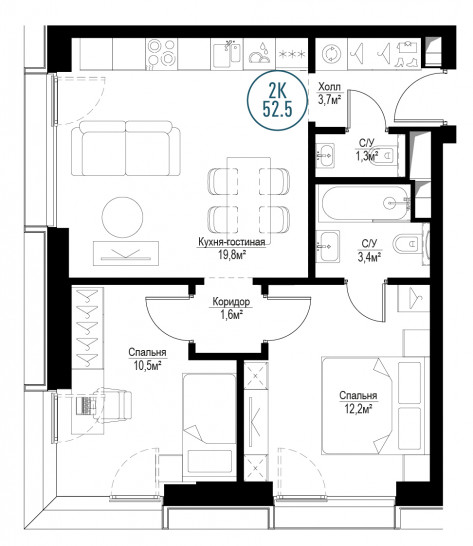 Двухкомнатная квартира 52 м²