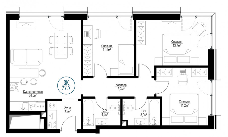 Трёхкомнатная квартира 77 м²