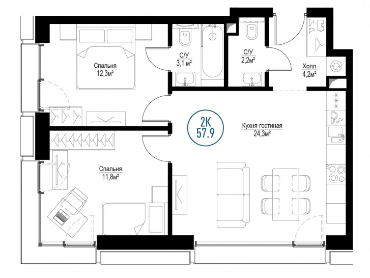 Двухкомнатная квартира 57 м²