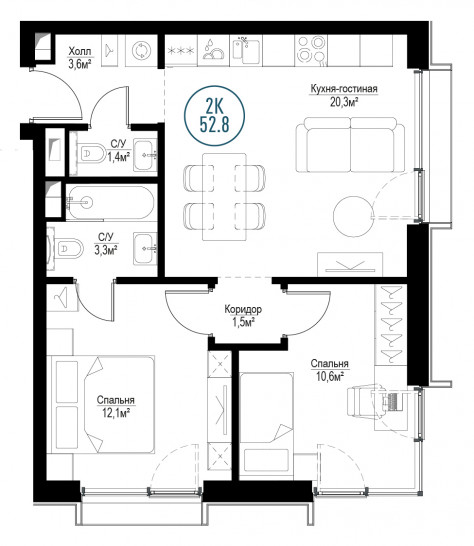 Двухкомнатная квартира 52 м²