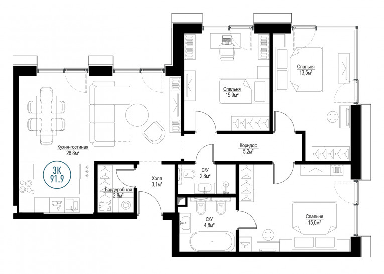 Трёхкомнатная квартира 91 м²