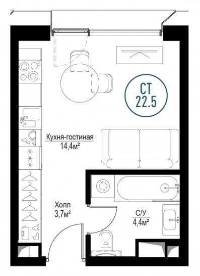 Однокомнатная квартира 22 м²