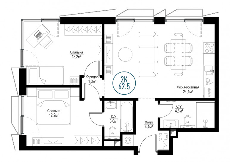 Двухкомнатная квартира 62 м²
