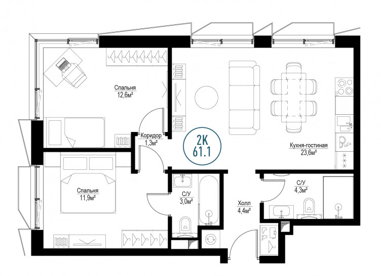 Двухкомнатная квартира 61 м²