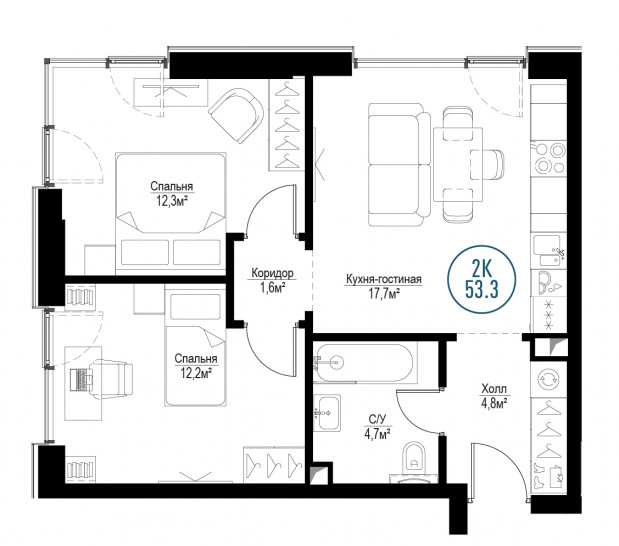 Двухкомнатная квартира 53 м²