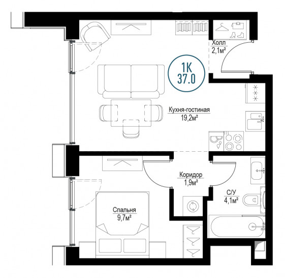 Однокомнатная квартира 37 м²