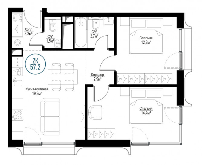 Двухкомнатная квартира 57 м²