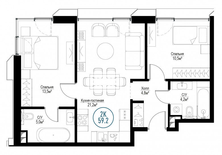 Двухкомнатная квартира 59 м²