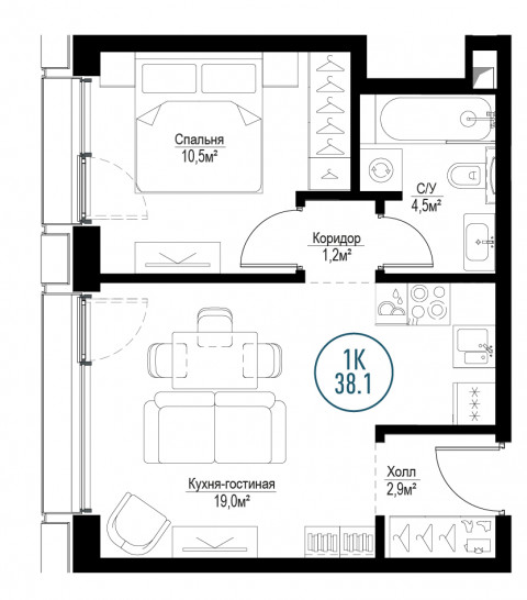 Однокомнатная квартира 38 м²