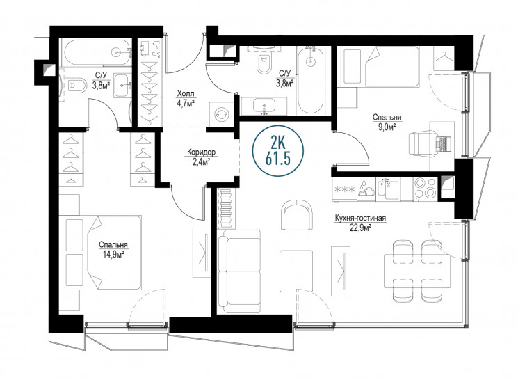 Двухкомнатная квартира 61 м²