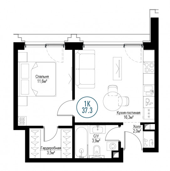 Однокомнатная квартира 37 м²