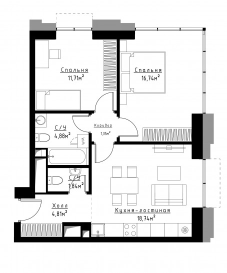 Трёхкомнатная квартира 80 м²