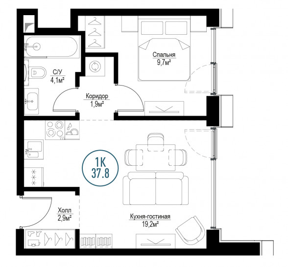 Однокомнатная квартира 37 м²