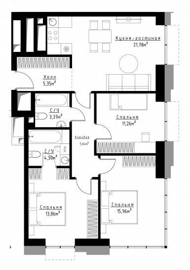 Трёхкомнатная квартира 79 м²