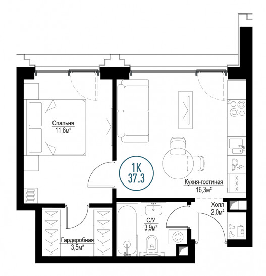 Однокомнатная квартира 37 м²